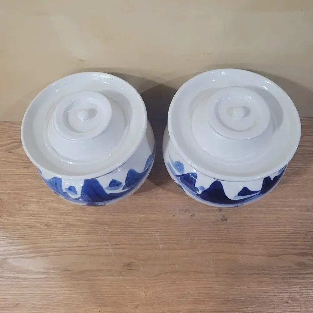 2 Vtg Chinese Blue White Dragon Chinoiserie Jar Vase Peoples Republic of China